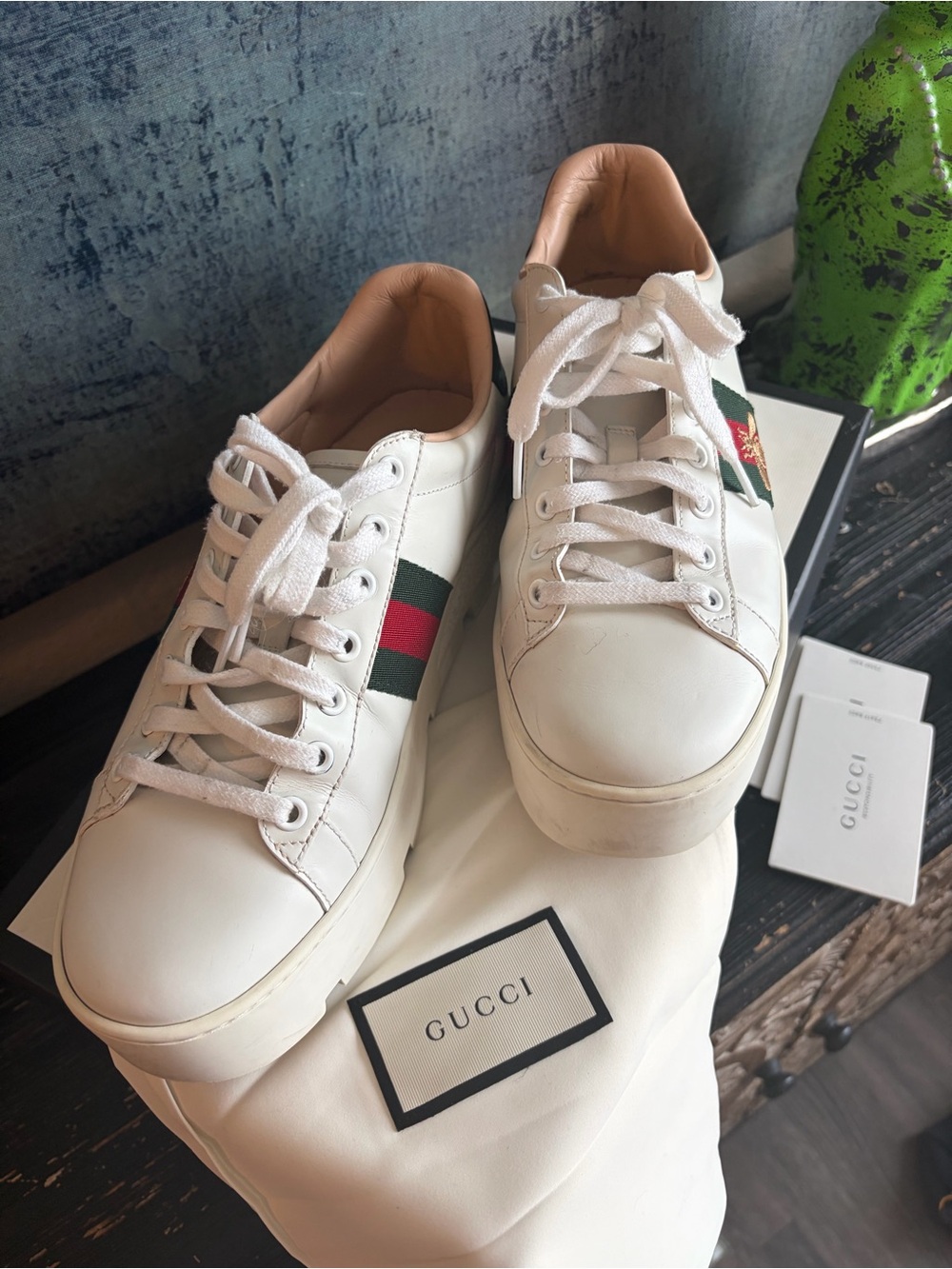 Gucci Platform White Leather Sneakers with Green and Red Web Stripe